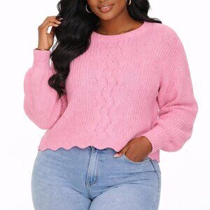 Barbie Pink Cable Knit Scallop Hem  Women's XL long sleeve Sweater